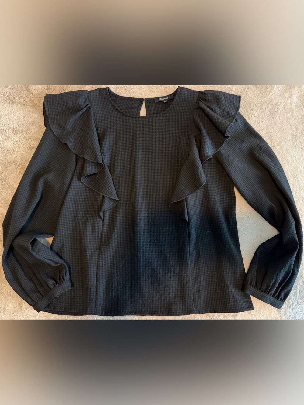 Madewell Black Plaid Ruffle Front Top Round Neck Long Sleeve Size S